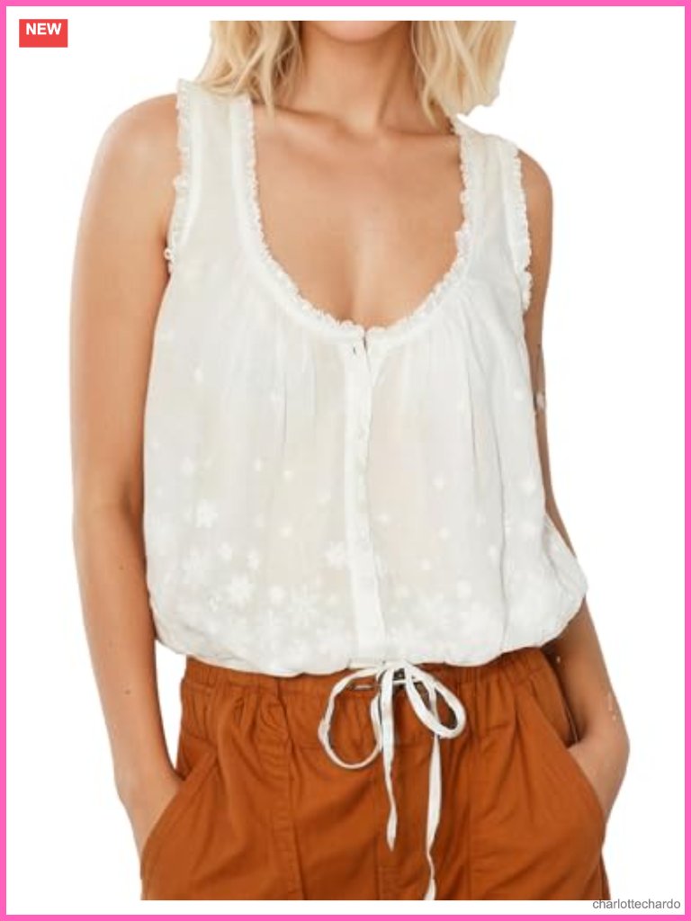 Boho Embroidered Button Down Cami Top - Sleeveless Flowy Crop Tank